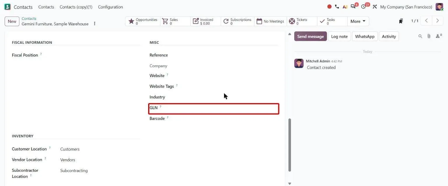 Delivery address Sales & Purchase tab with the new GLN field