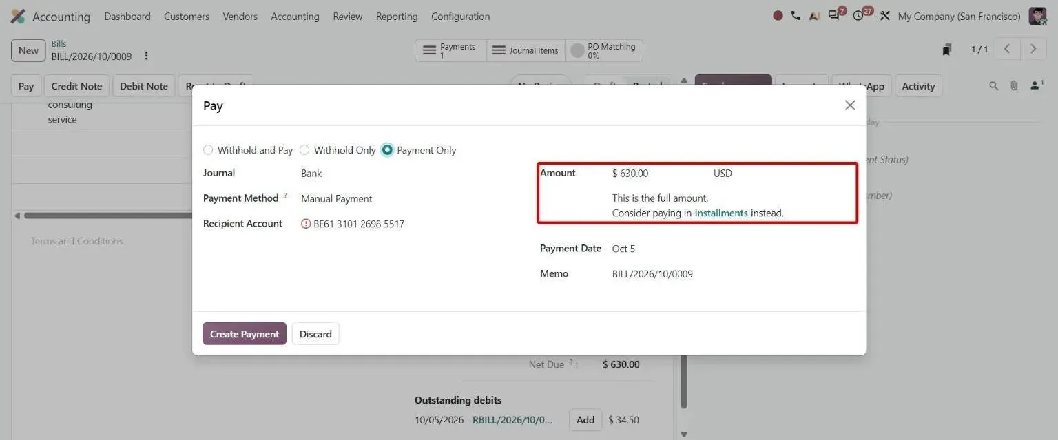 Second Pay wizard proposing only the remaining amount after a partial payment