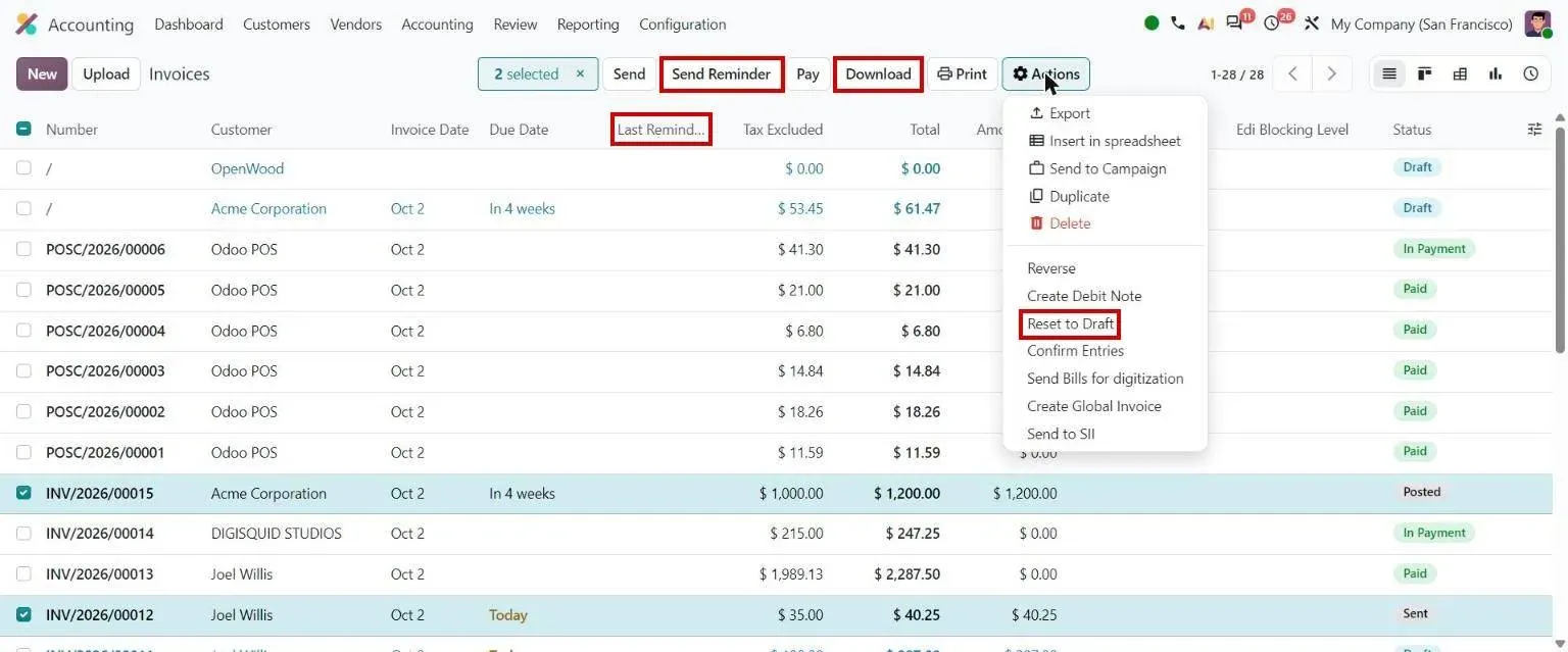 Invoice list: Reset to Draft action, Send Reminder, Download