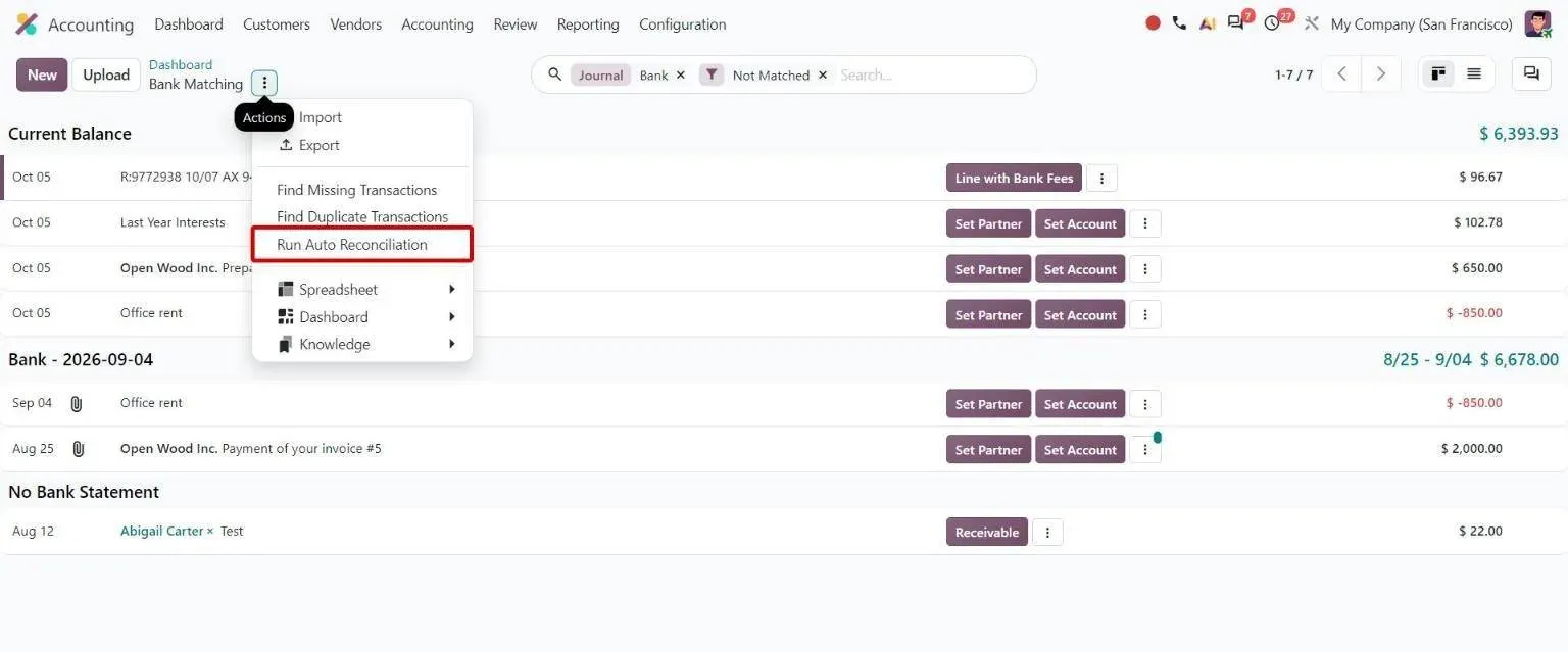 Bank Matching actions menu with the Run Auto Reconciliation option