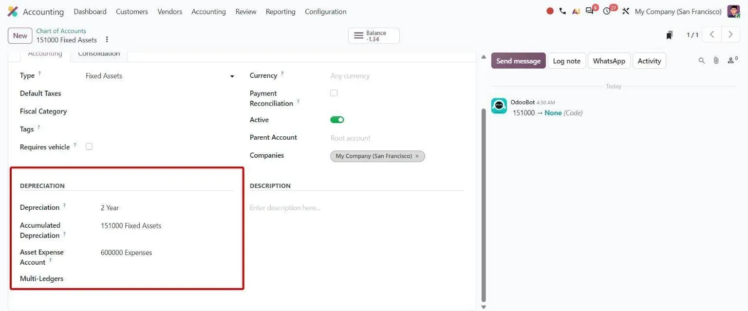 Fixed Assets account form with depreciation model and asset accounts