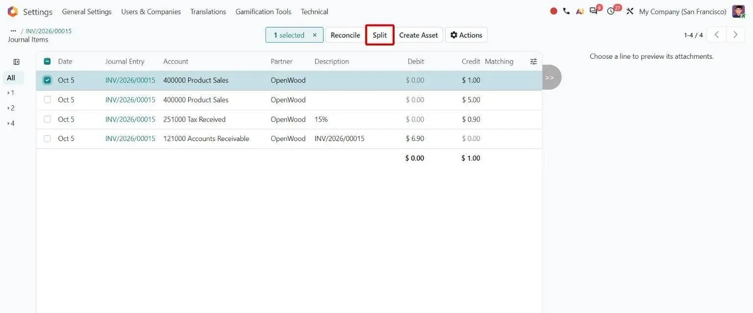 Invoice journal items list with a line selected and the Split button