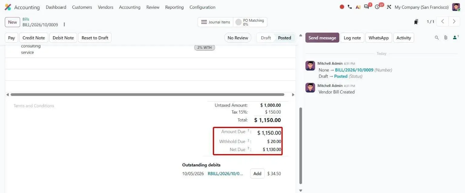 Vendor bill totals showing Amount Due, Withhold Due and Net Due