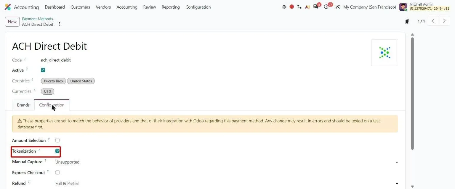 ACH Direct Debit payment method Configuration tab with Tokenization enabled