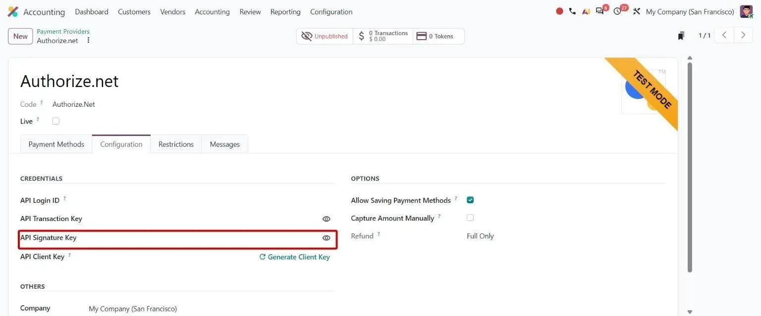 Authorize.net Configuration tab with the API Signature Key used for webhooks