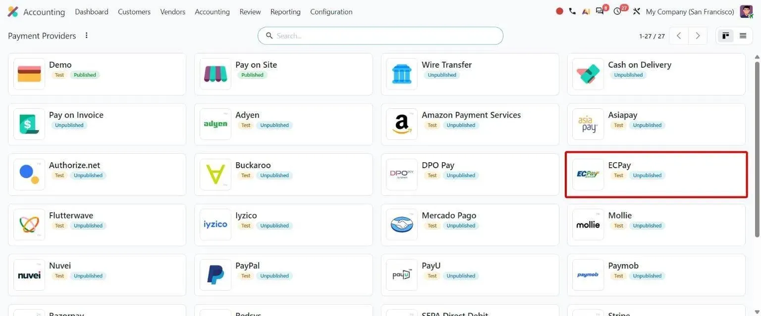 Payment Providers list with the new ECPay provider for Taiwan