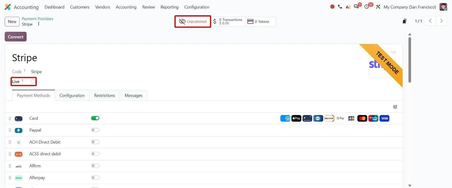 Simplified Stripe provider form with Published smart button and Live checkbox