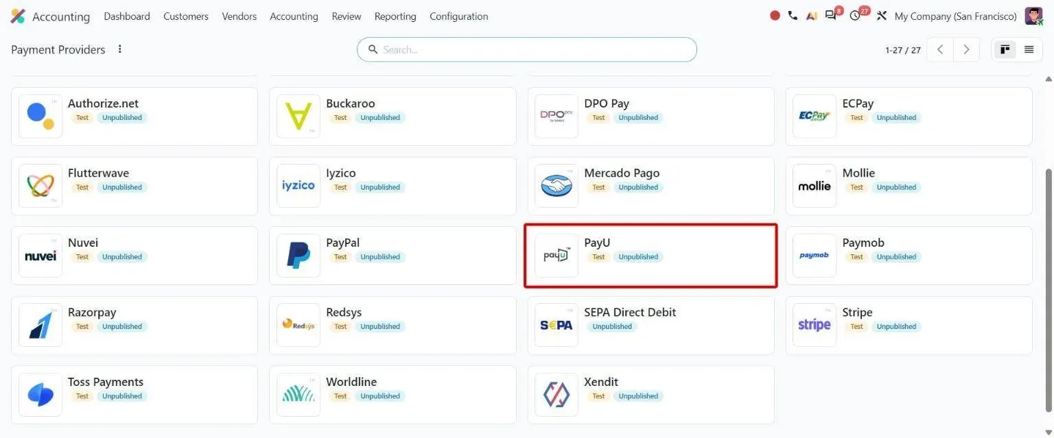 Payment Providers list with the PayU provider for India