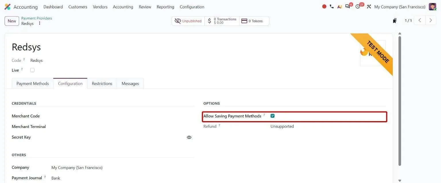 Redsys Configuration tab with Allow Saving Payment Methods for tokenization