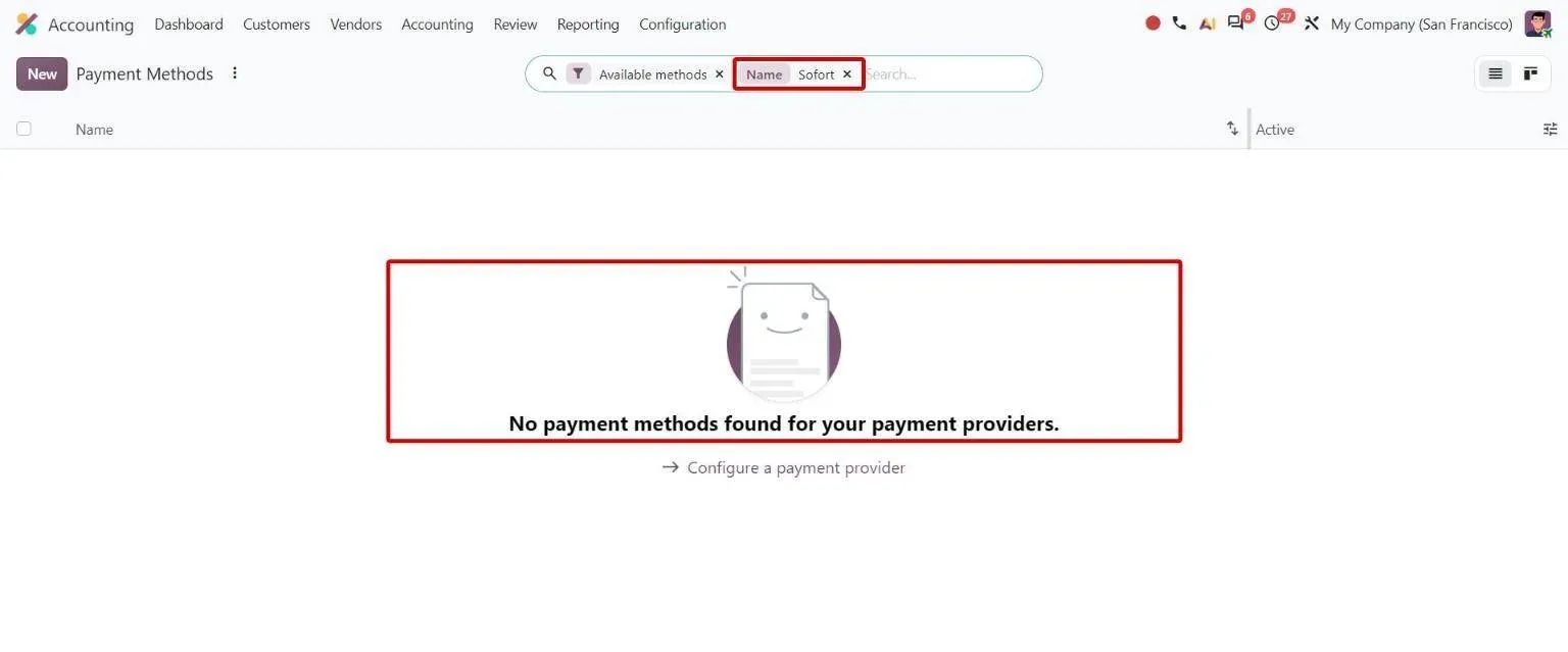 Payment Methods search for Sofort returning no results in Odoo 20