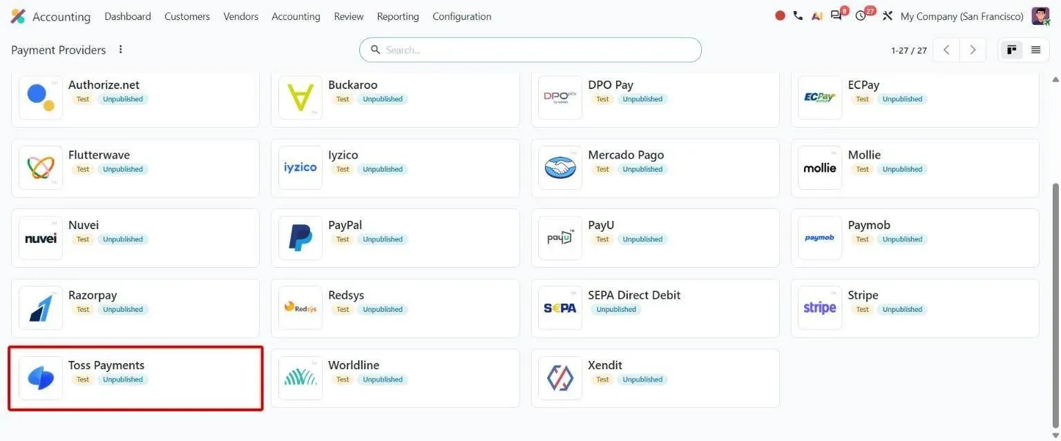 Payment Providers list with Toss Payments for South Korea