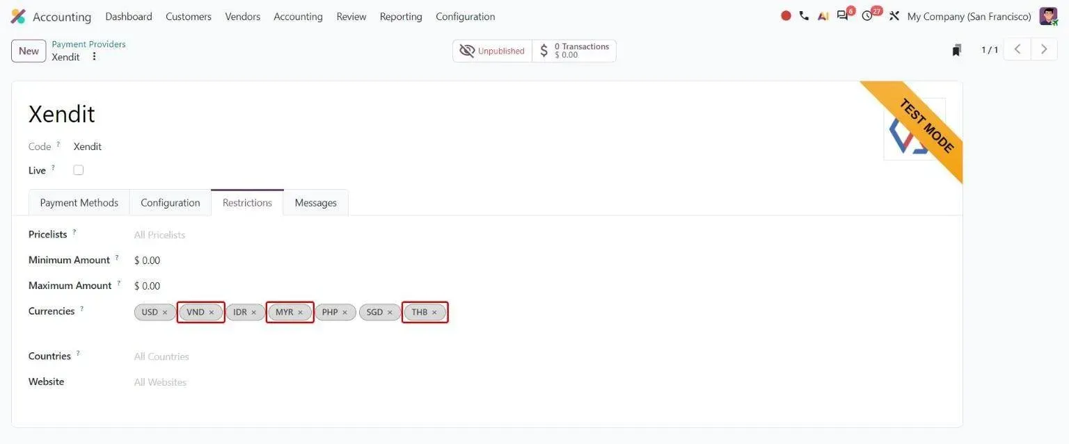 Xendit Restrictions tab with Vietnamese, Malaysian and Thai currencies supported