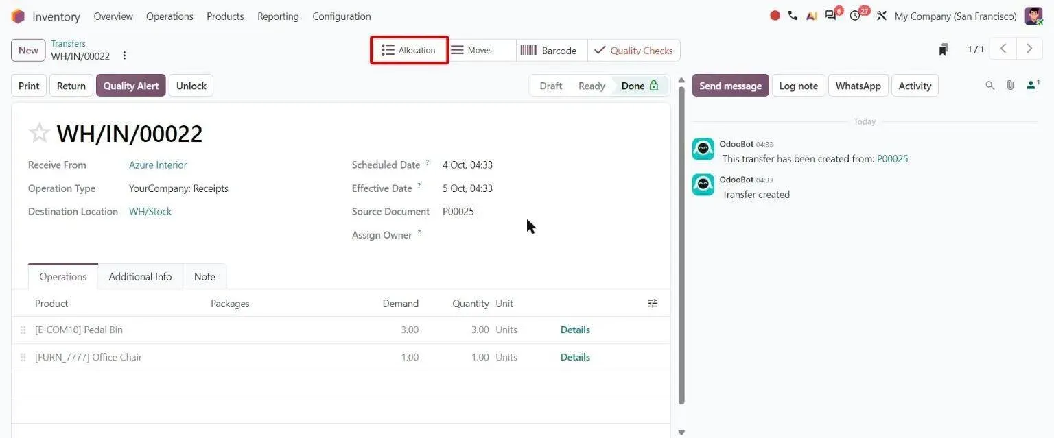 Receipt form with new Allocation smart button opening the allocation report