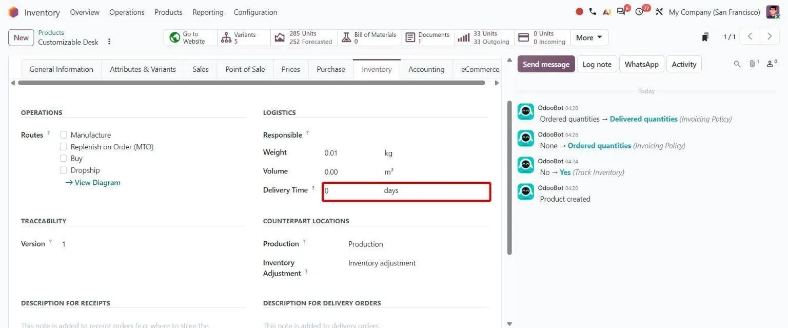 Product Inventory tab Delivery Time field, now set per company