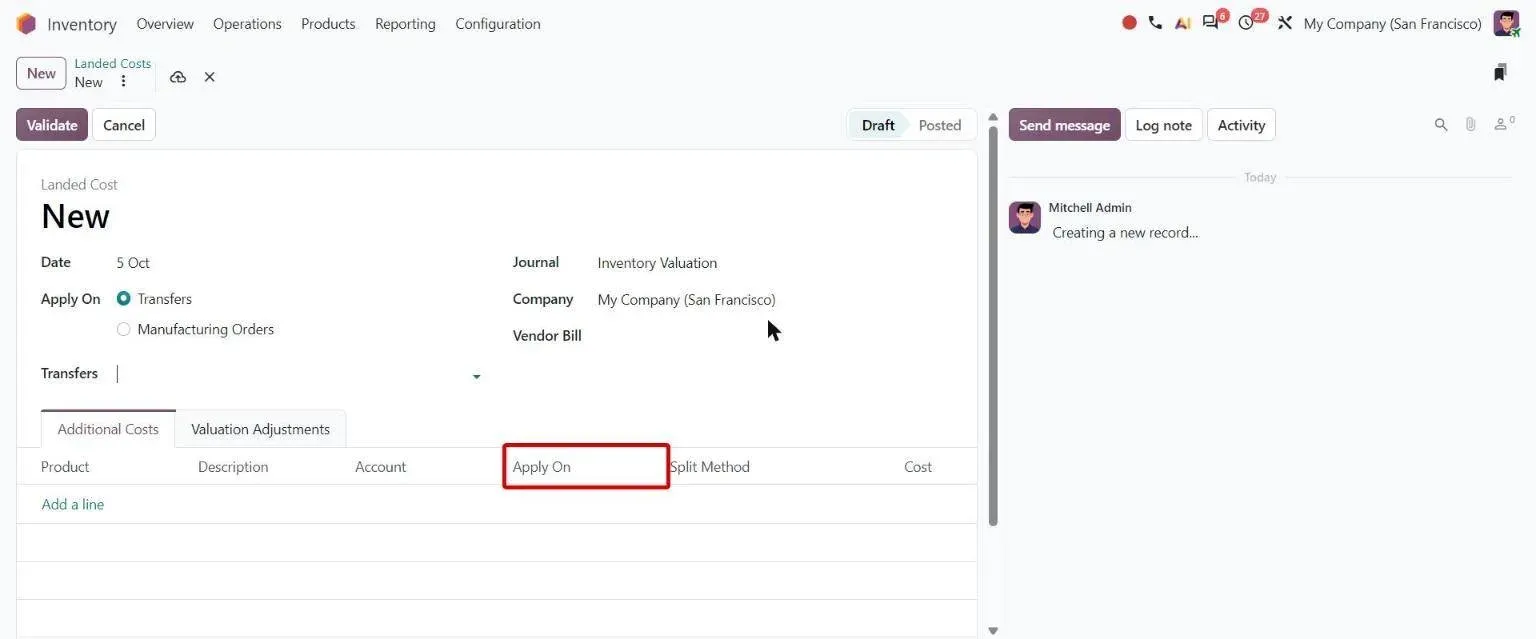 Landed cost form with new Apply On column on cost lines