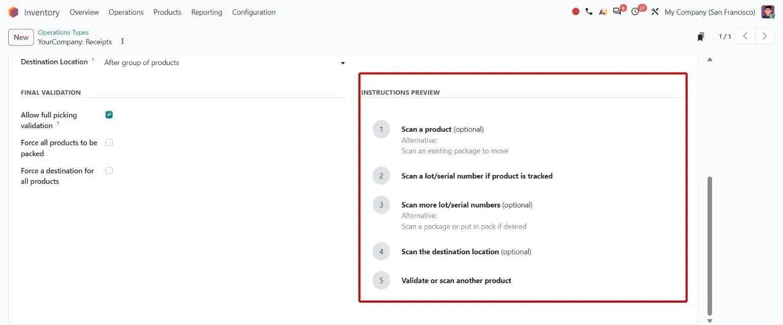 Receipts operation type Barcode App tab with numbered Instructions Preview