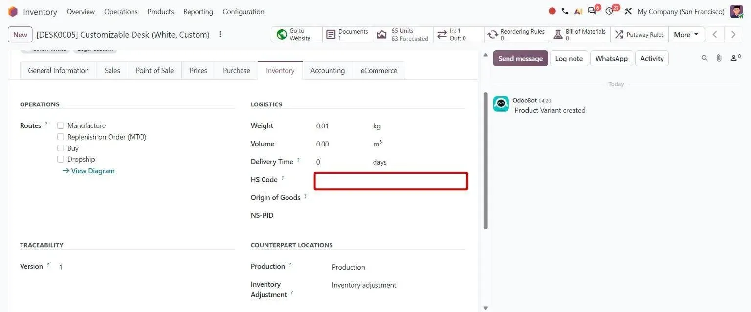 Product variant Inventory tab with its own HS Code field