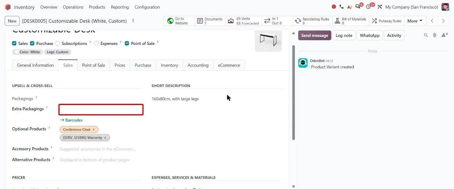 Product variant Sales tab with new Extra Packagings field