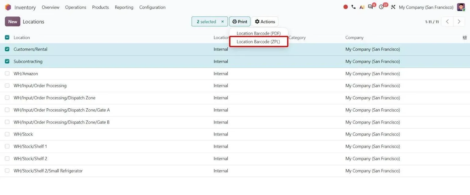 Locations list Print menu with new Location Barcode (ZPL) option