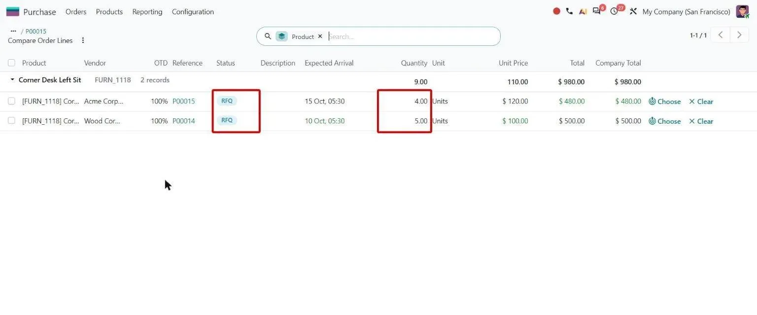 Compare Order Lines with status badges and editable quantities