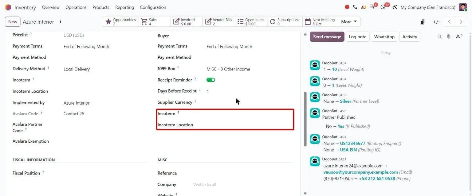 Vendor Sales & Purchase tab with purchase Incoterm and Incoterm Location