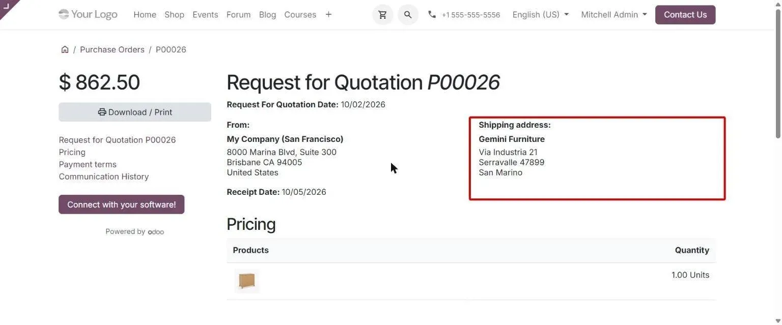 Vendor portal RFQ showing the dropship end customer's shipping address