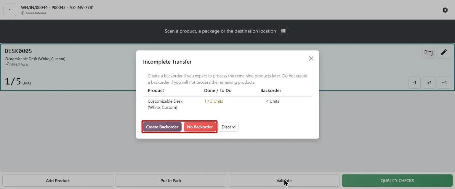 Barcode Incomplete Transfer dialog offering Create Backorder or No Backorder
