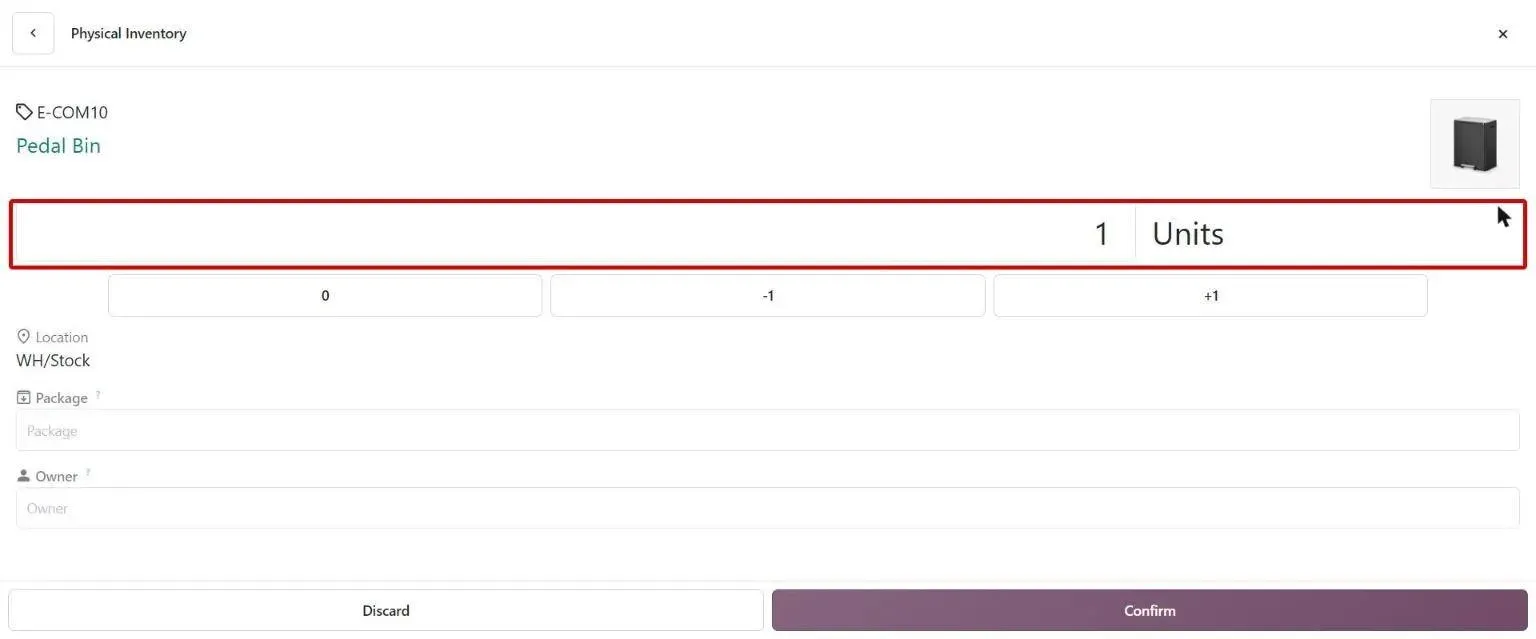 Barcode count line opened via pen icon to type total counted quantity