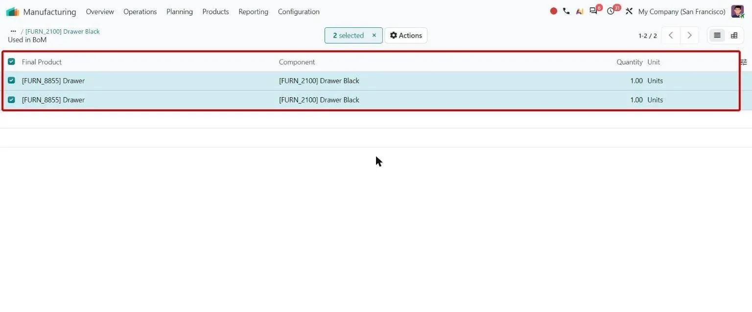Used in BoM list of component lines selected for bulk editing