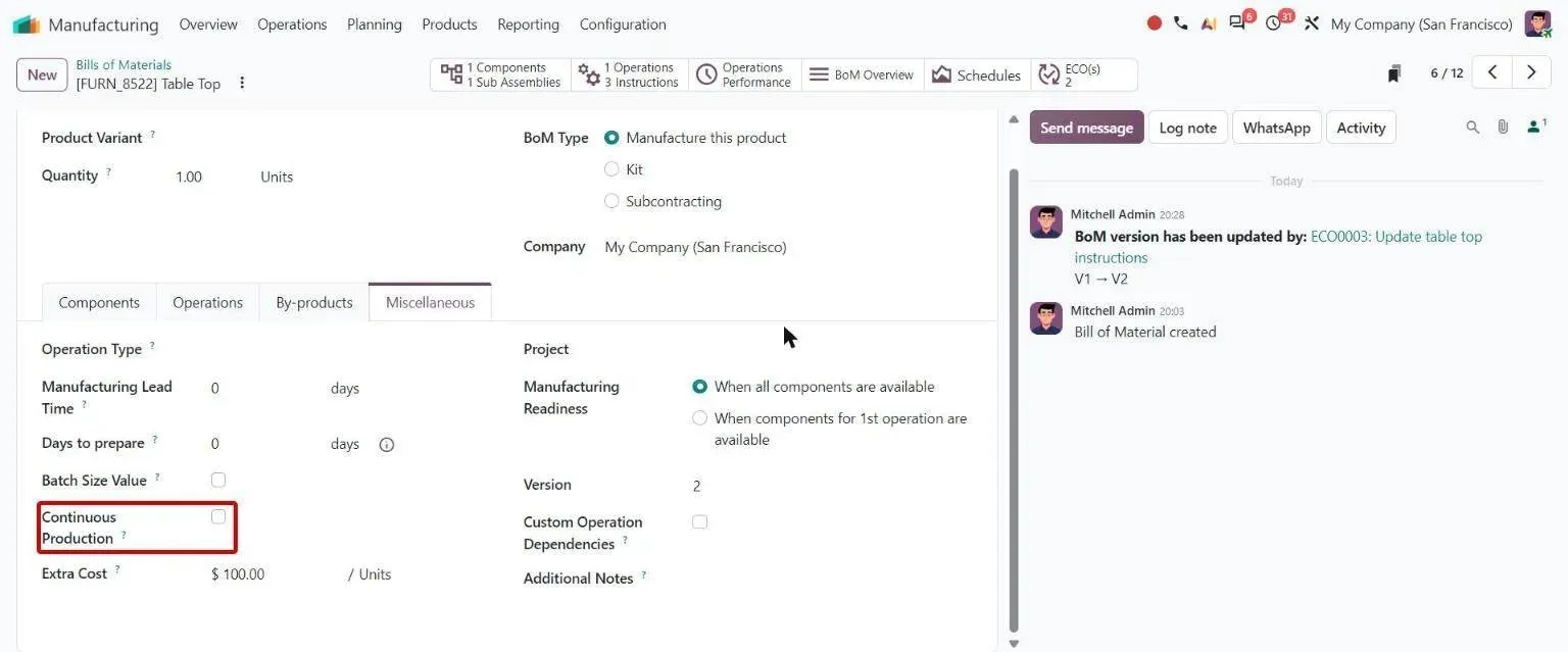 BoM Miscellaneous tab with new Continuous Production option