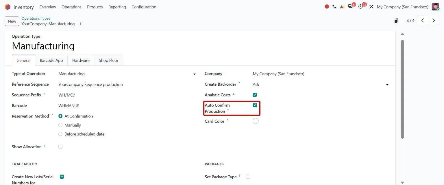 Manufacturing operation type with Auto Confirm Production checkbox