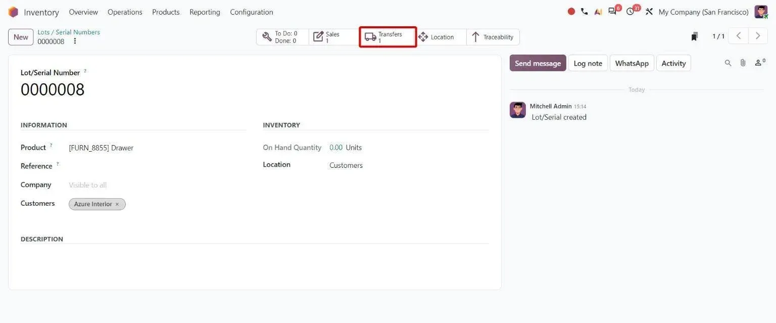 Delivered lot form with the Transfers smart button