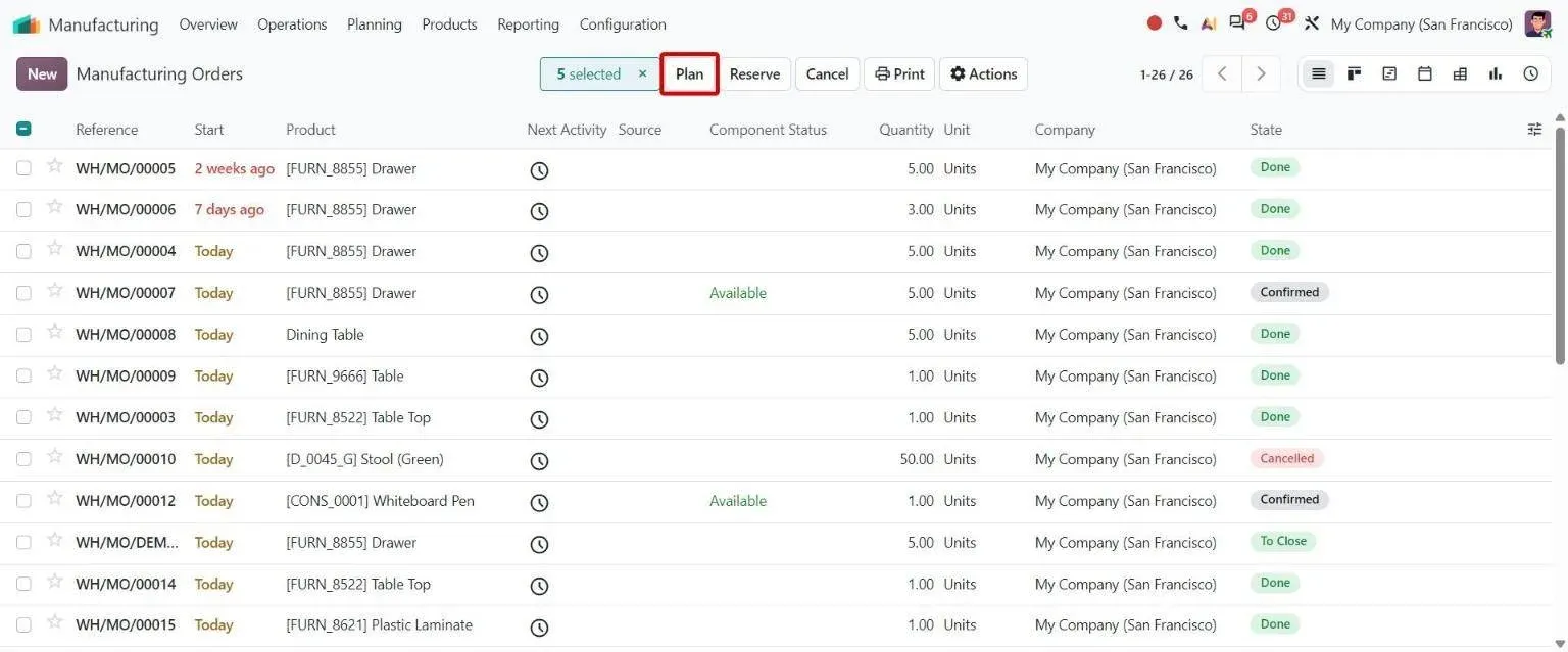 MO list with several orders selected and the Plan button
