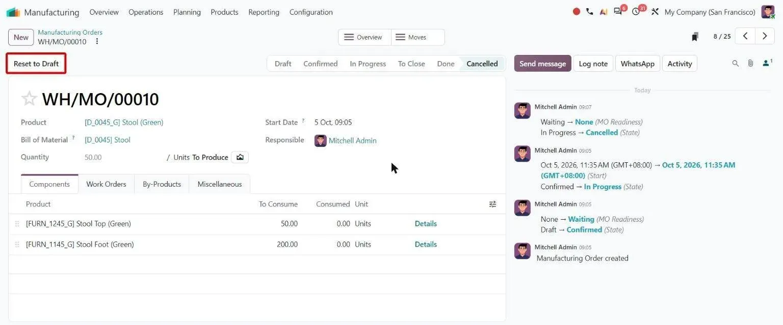 Cancelled manufacturing order with Reset to Draft button