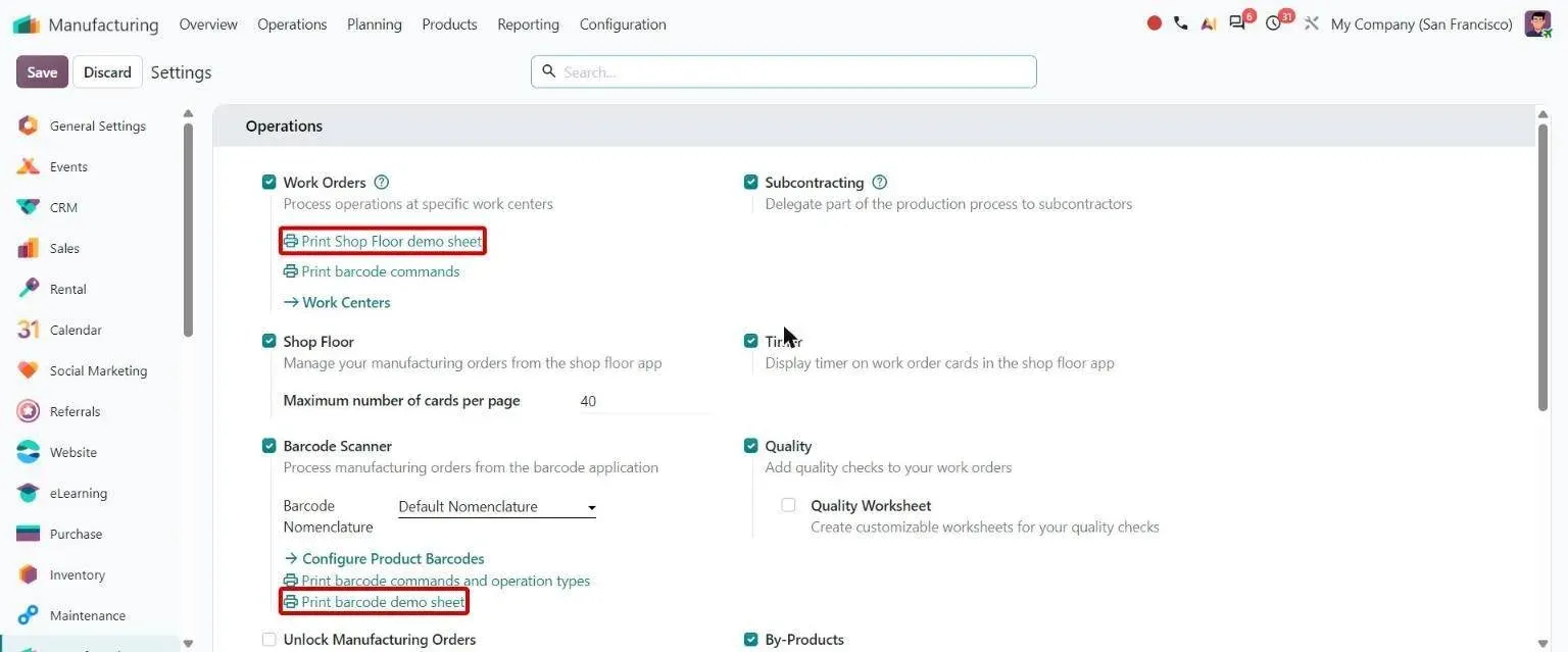 Manufacturing settings with Print Shop Floor and barcode demo sheet links