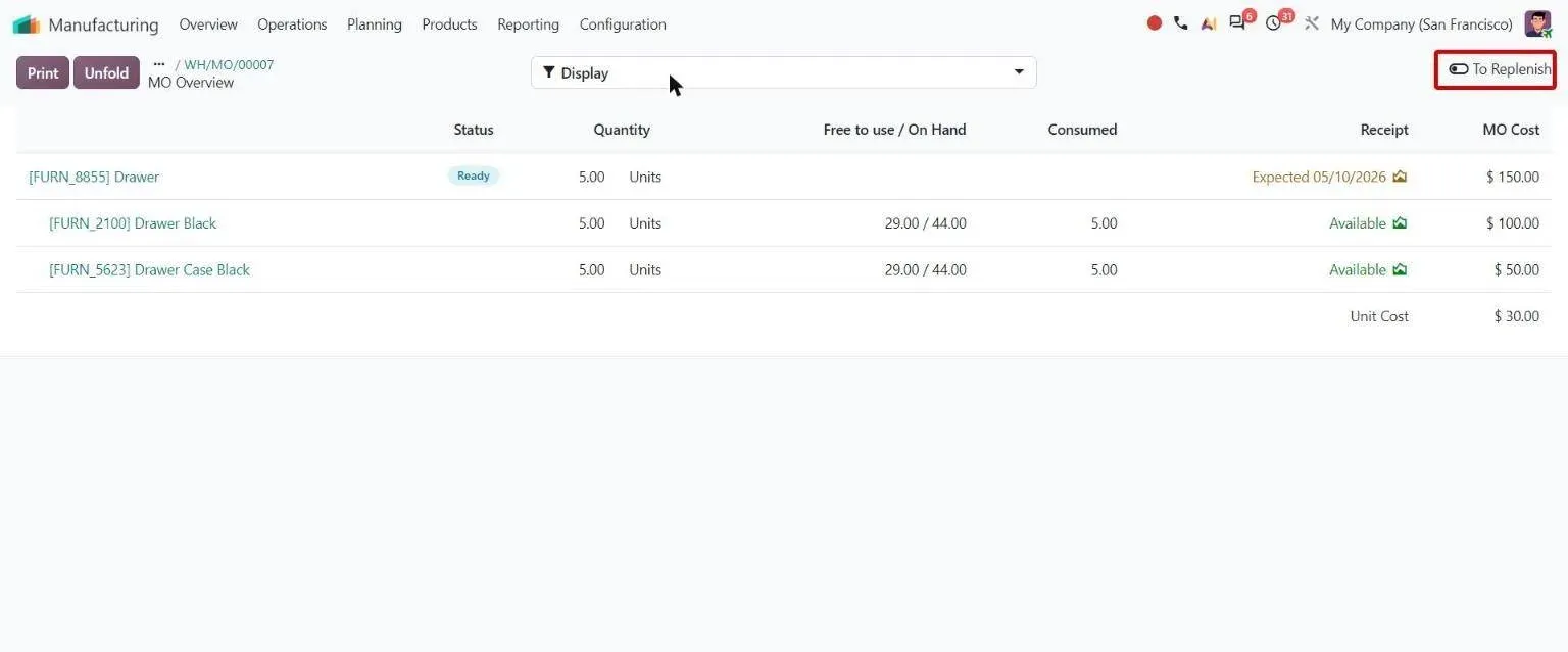 MO Overview with new To Replenish toggle in the top right
