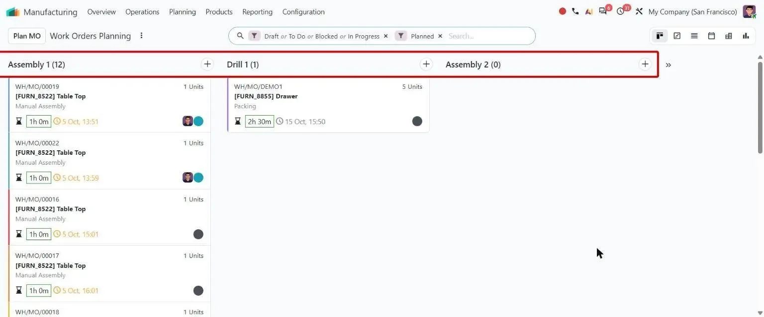 Work order Kanban grouped by work center columns