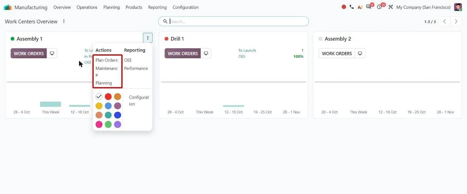 Work center card menu with Plan Orders, Maintenance and Planning links