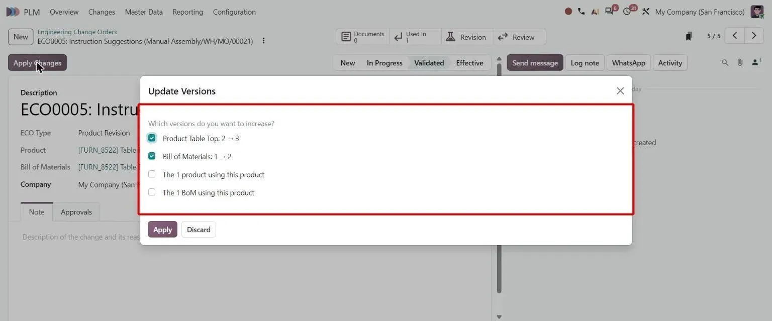 Apply Changes dialog with checkboxes to choose which versions increase