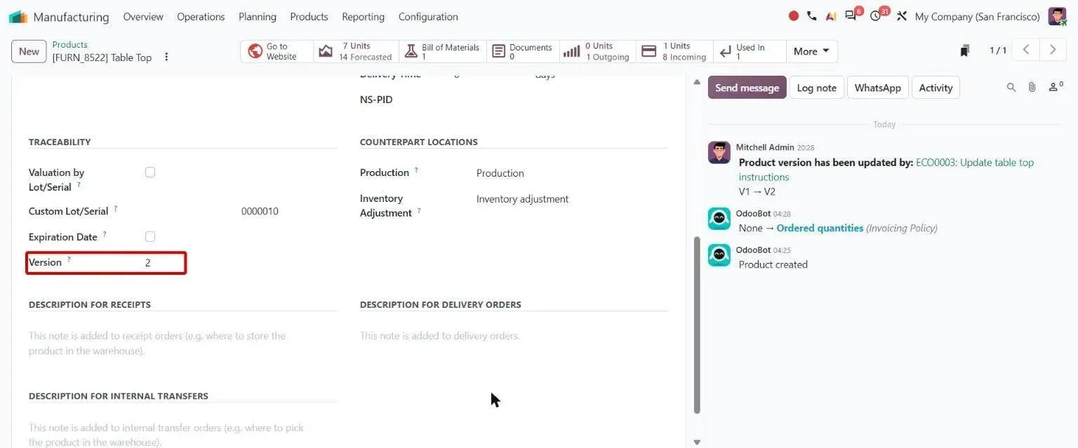 Product Inventory tab Traceability section with new Version field