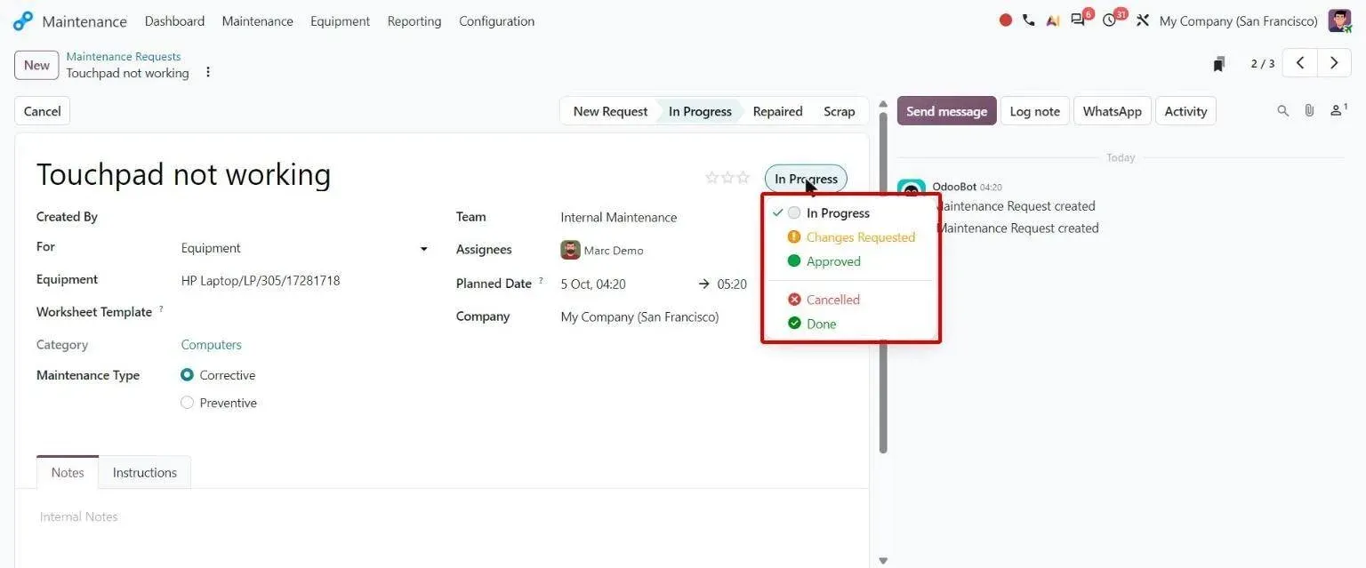Maintenance request status widget: In Progress, Changes Requested, Approved, Cancelled, Done