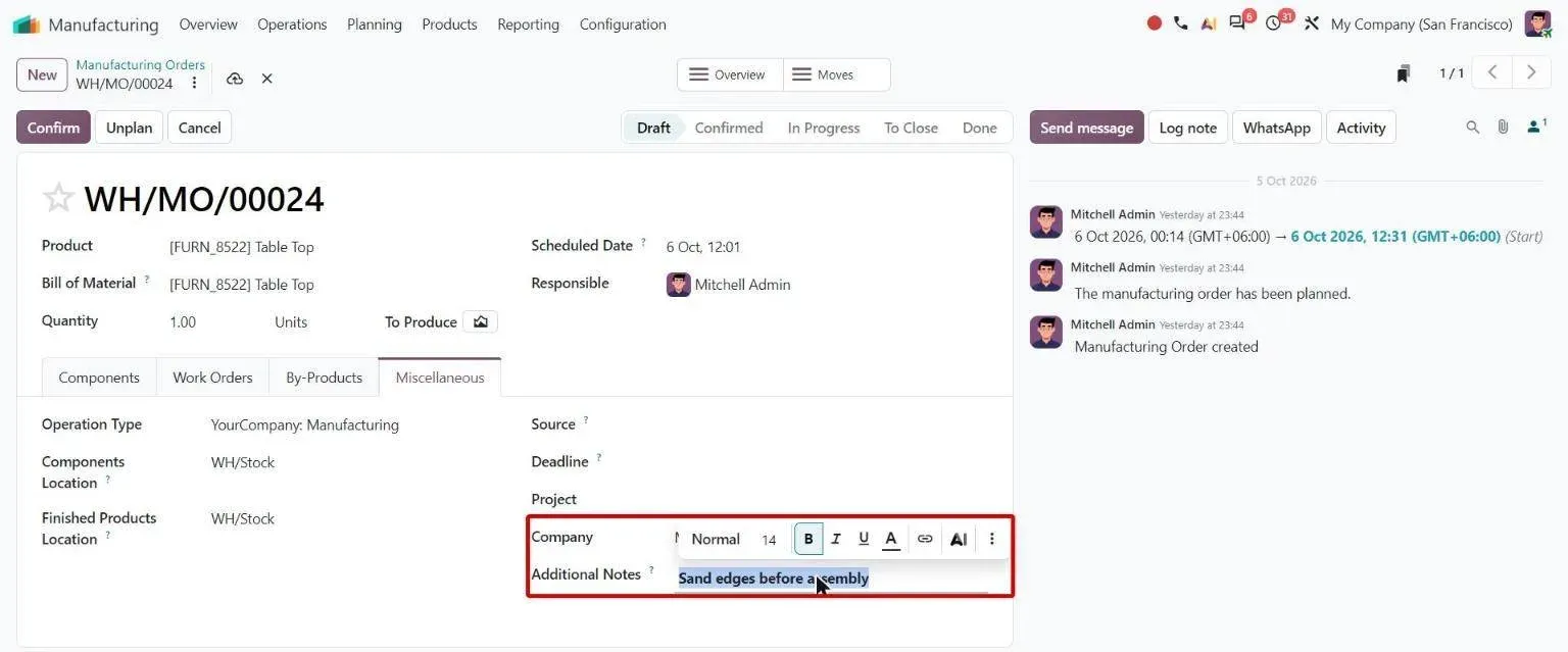 MO Additional Notes as rich-text field with formatting toolbar