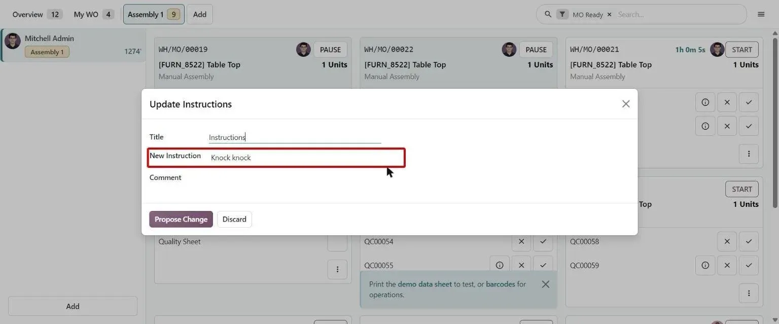 Shop Floor Update Instructions dialog pre-filled with the current step text