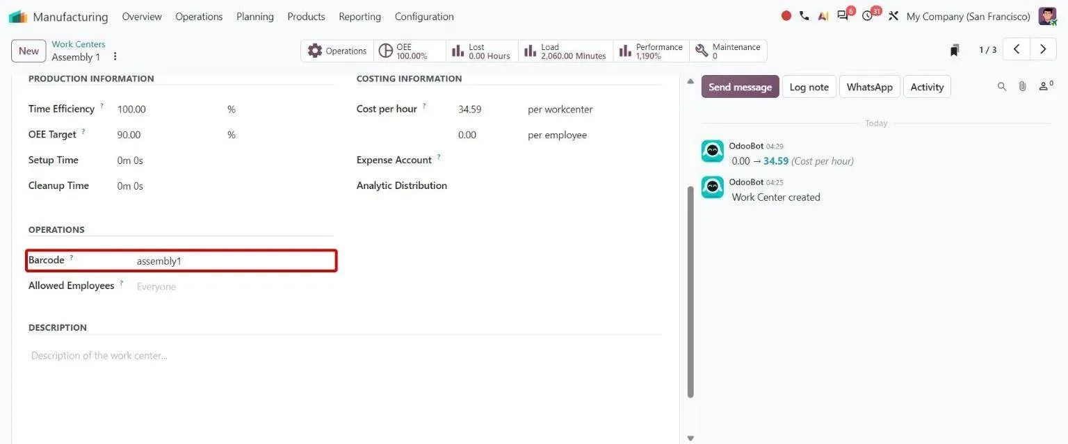 Work center form with new Barcode field