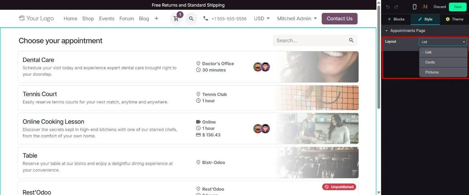Appointments Page Style: Layout selector with List, Cards and Pictures