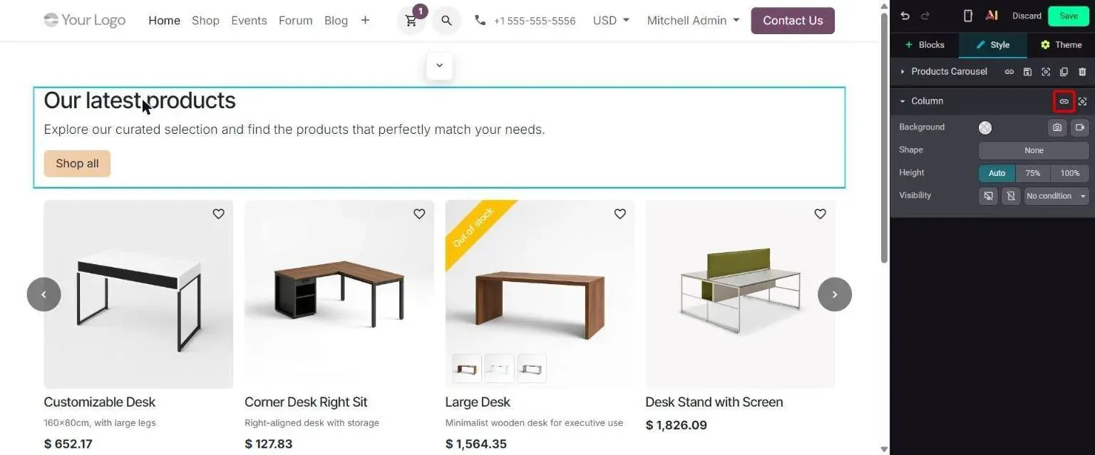 Style tab: link icon next to Column creates a shareable anchor