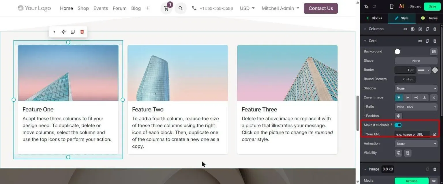 Card Style options: Make it clickable toggle with Your URL field