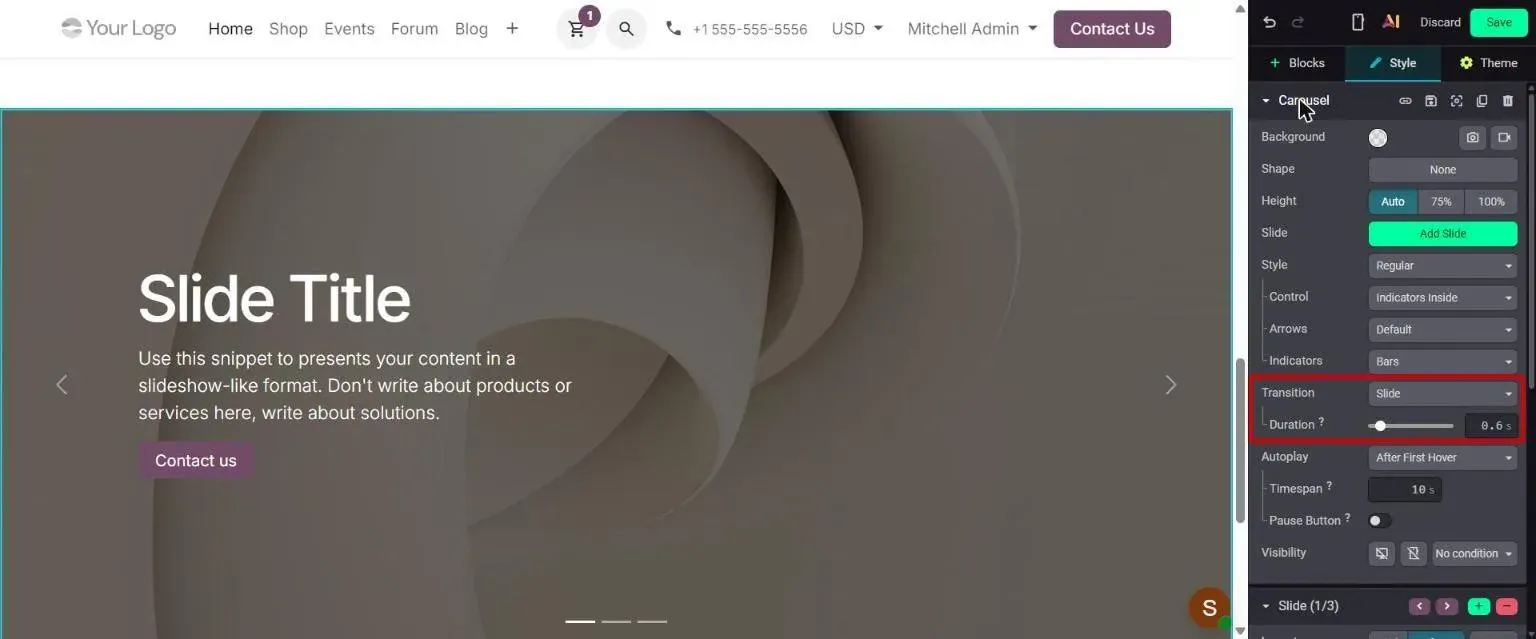 Carousel Style options: Transition with Duration range slider