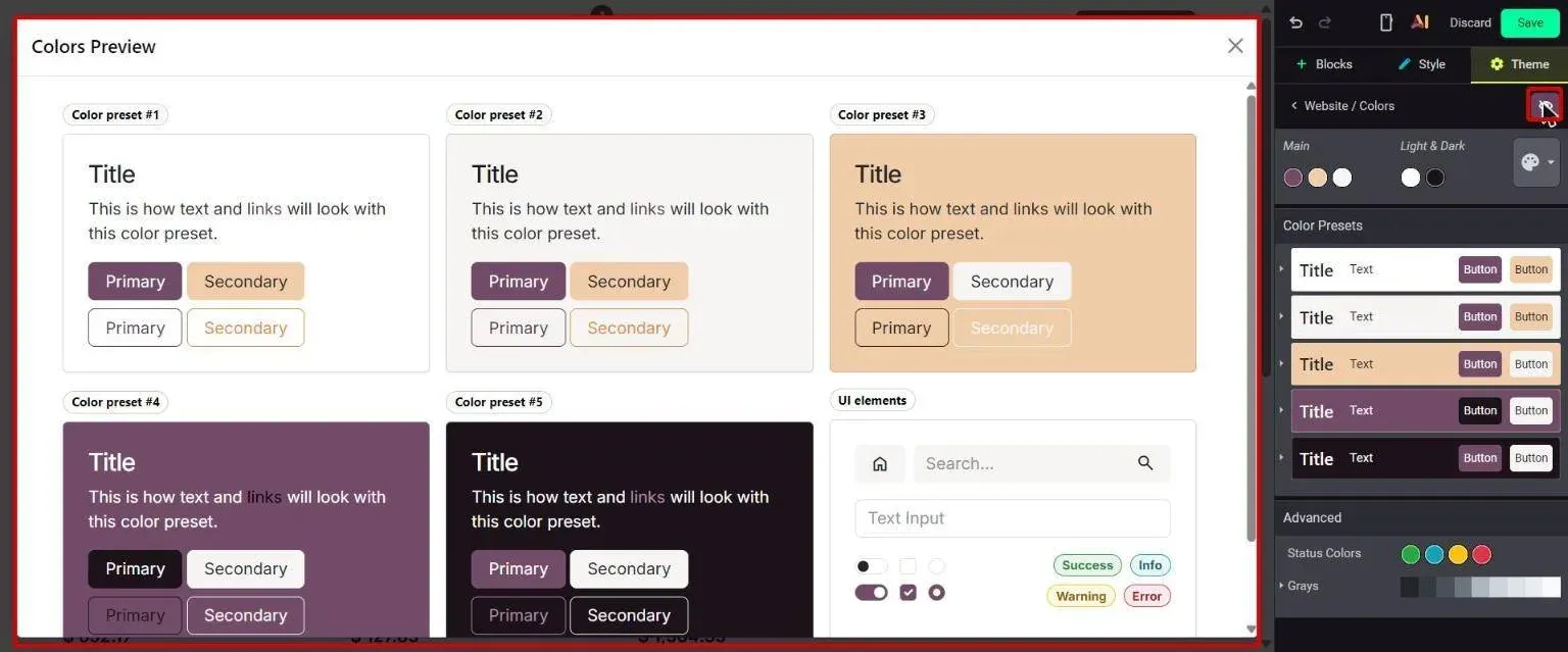 Eye icon in Theme > Colors opens the Colors Preview dialog