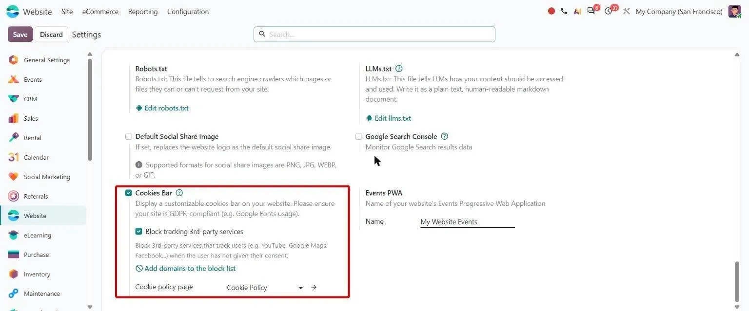 Cookies Bar settings with selectable Cookie policy page
